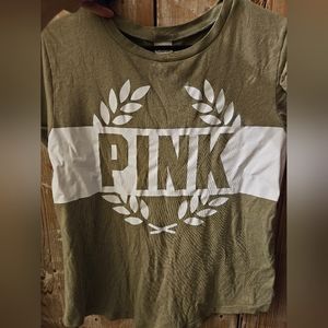 Pink victorias secret green short sleve top with white embroidery "pink"